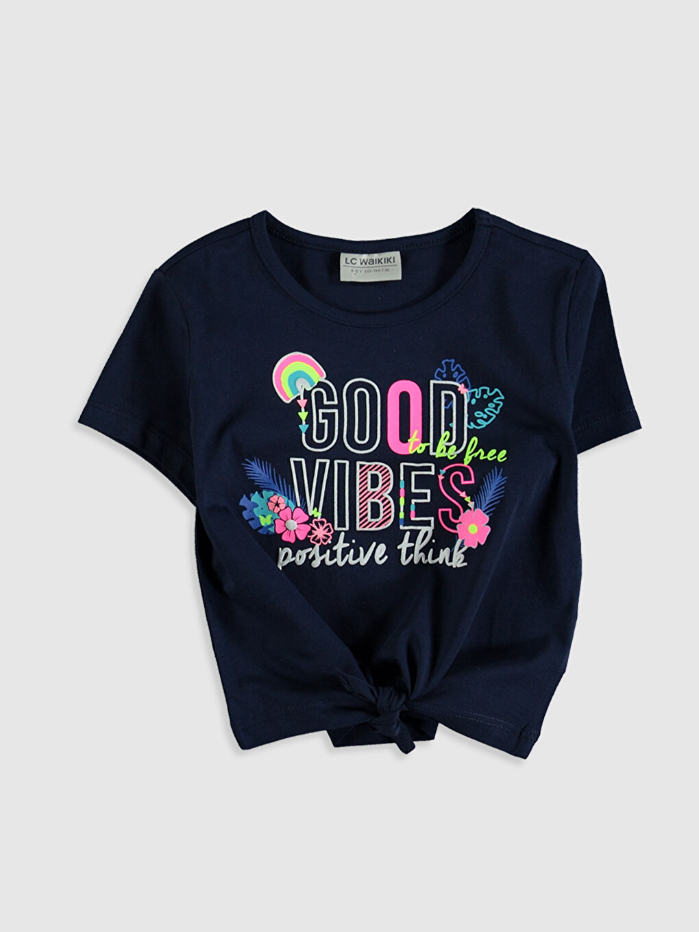 Lacivert Bisiklet Yaka Kısa Kollu Kız Çocuk Tişört