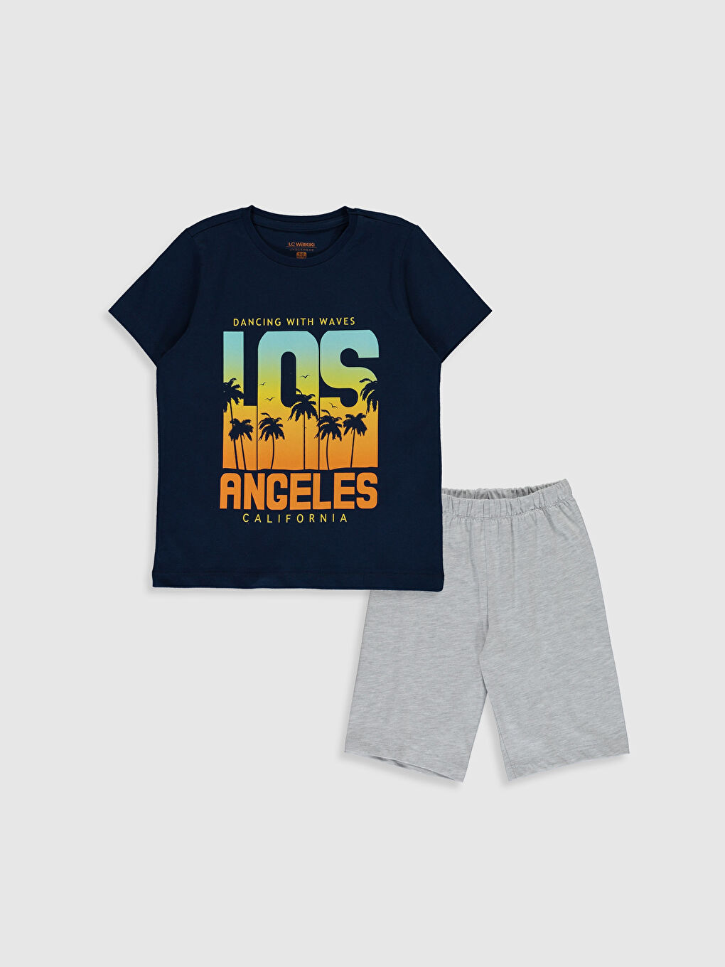 Gri Bisiklet Yaka Kısa Kollu Erkek Çocuk Pijama Takım