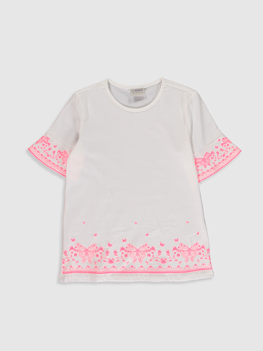 Beyaz Bisiklet Yaka Kısa Kollu Kız Çocuk Tişört