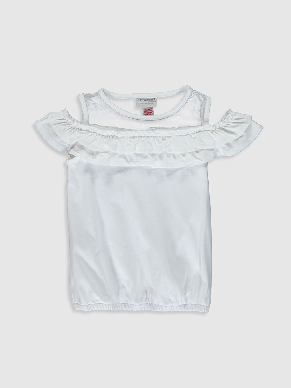 Beyaz Kız Çocuk Fırfırlı Omuzu Açık Tişört