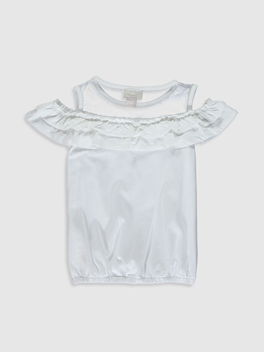 Beyaz Kız Çocuk Fırfırlı Omuzu Açık Tişört-1