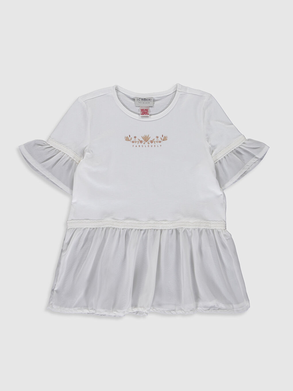 Ekru Bisiklet Yaka Kısa Kollu Kız Çocuk Tişört