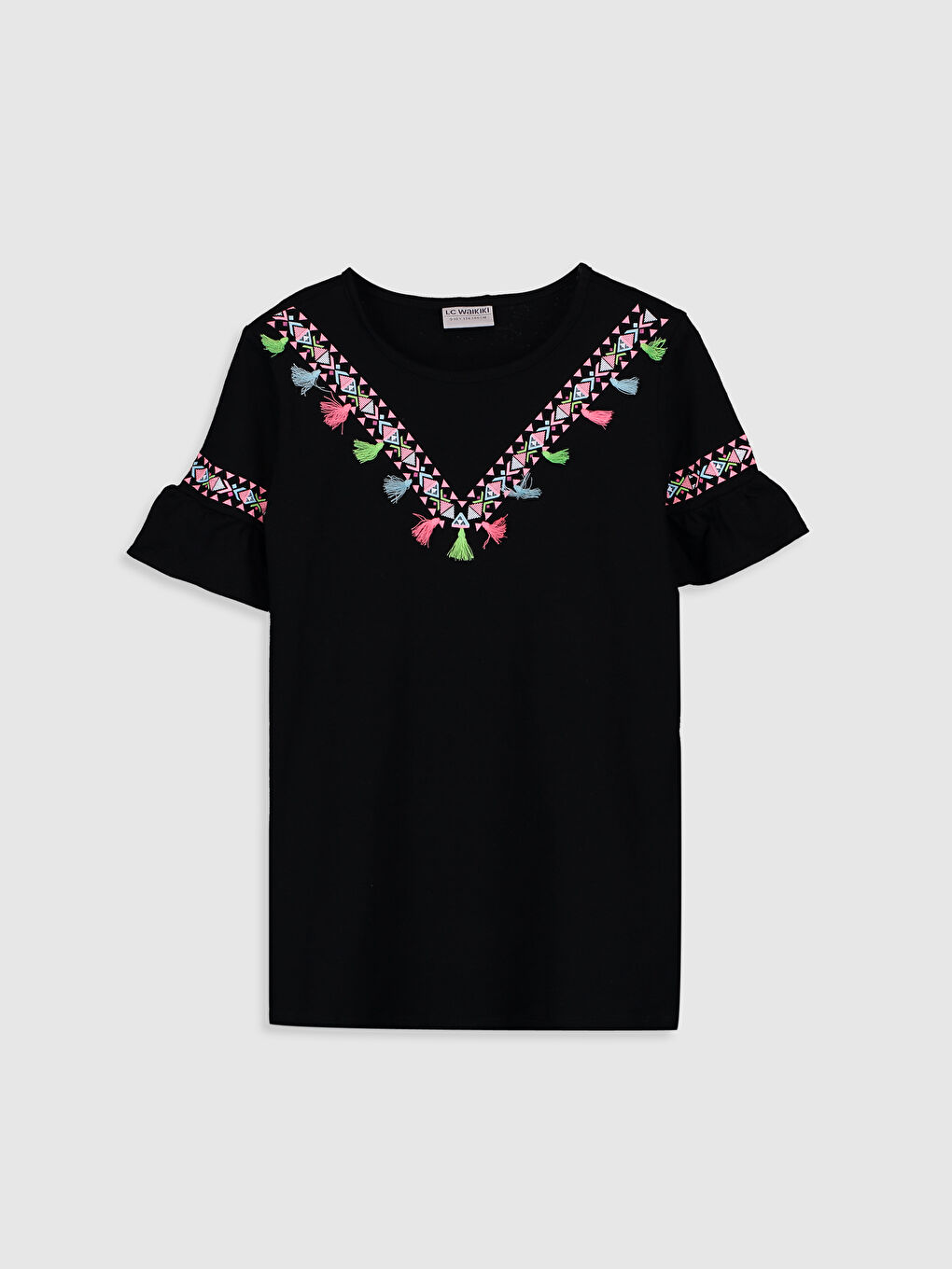 Siyah Bisiklet Yaka Kısa Kollu Kız Çocuk Tişört