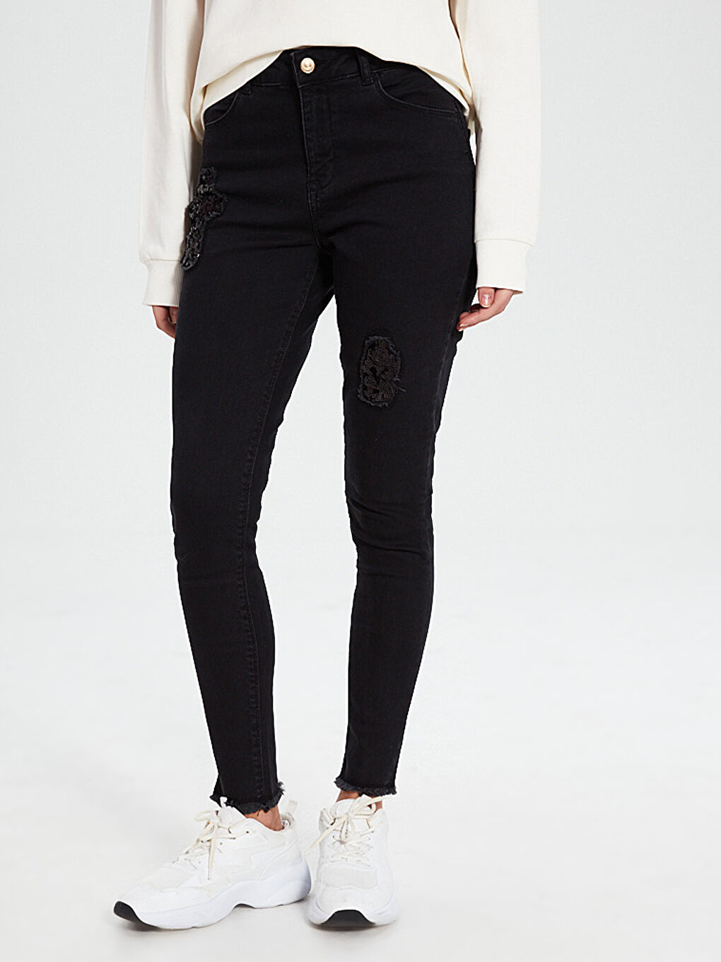 Siyah Skinny Fit İşlemeli Kadın Jean Pantolon Anne Kız Kombini-1