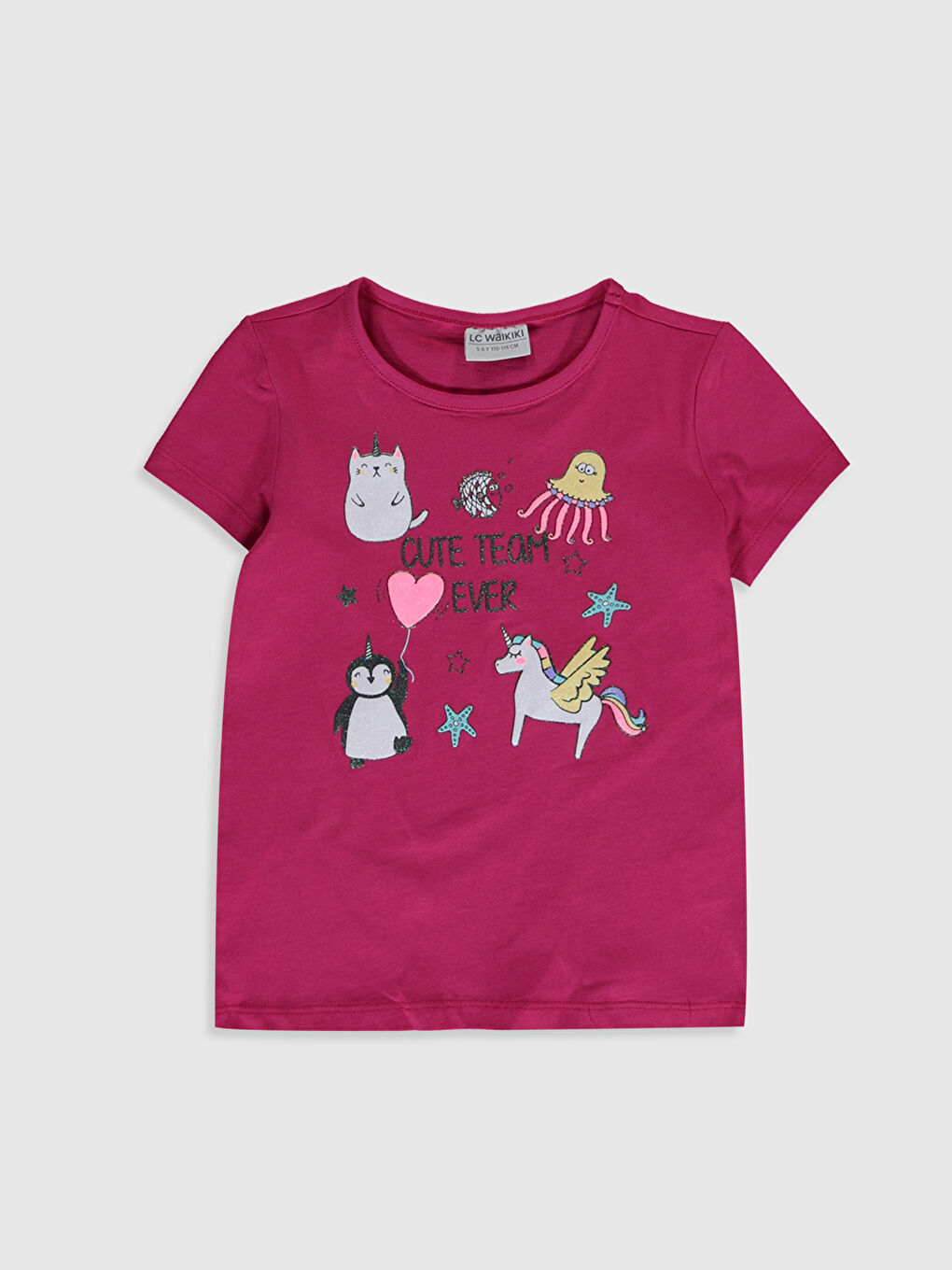 Fuşya Bisiklet Yaka Kısa Kollu Kız Çocuk Tişört