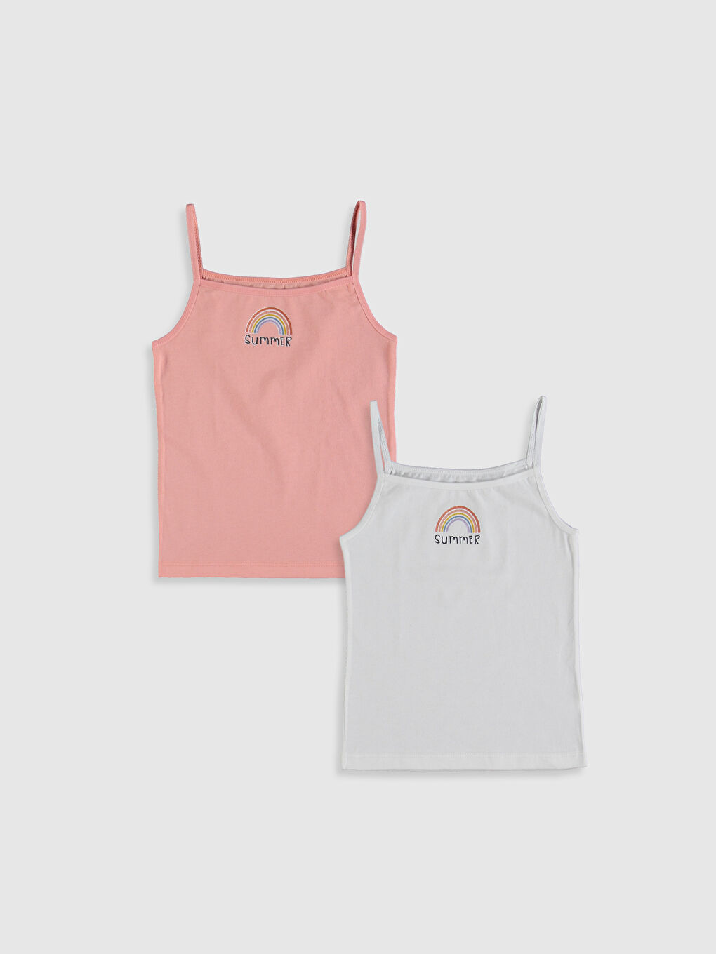 Ekru Kare Yaka Baskılı Askılı Kız Çocuk Atlet 2'li