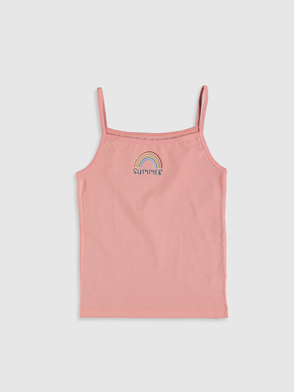 Ekru Kare Yaka Baskılı Askılı Kız Çocuk Atlet 2'li-3