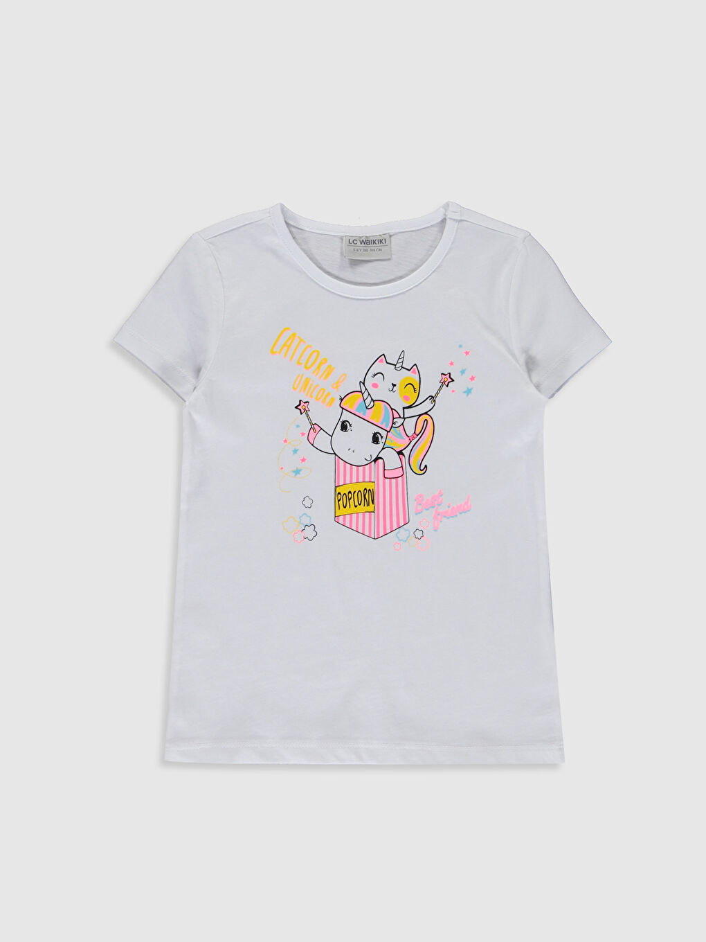 Beyaz Bisiklet Yaka Kısa Kollu Kız Çocuk Tişört