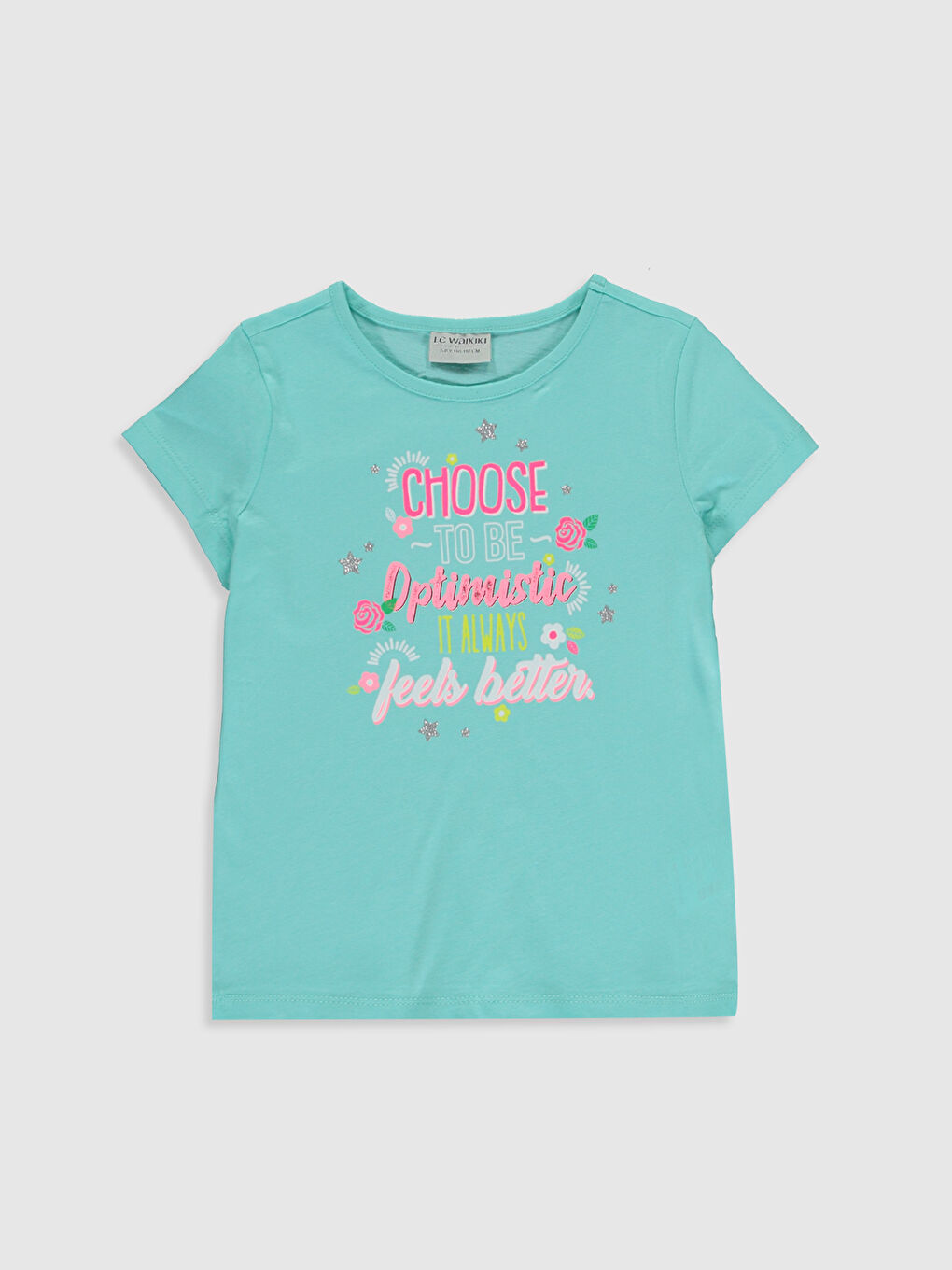 Turkuaz Bisiklet Yaka Kısa Kollu Kız Çocuk Tişört