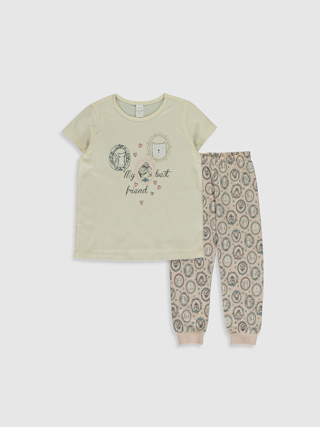 Ekru Bisiklet Yaka Kısa Kollu Kız Çocuk Pijama Takım