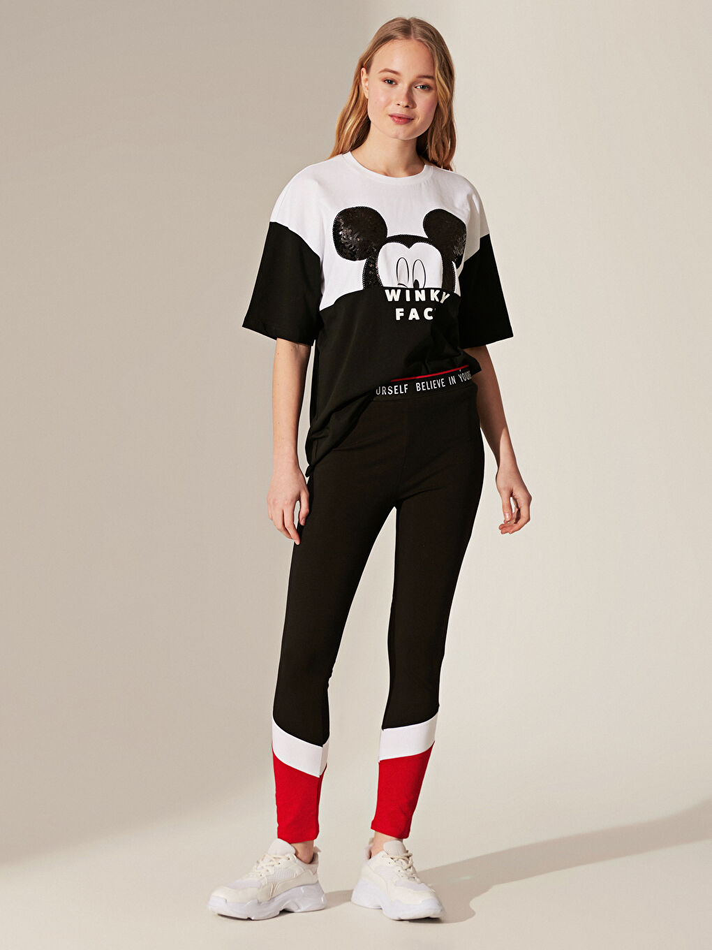 Siyah Renk Bloklu Esnek Tayt Anne Kız Kombini