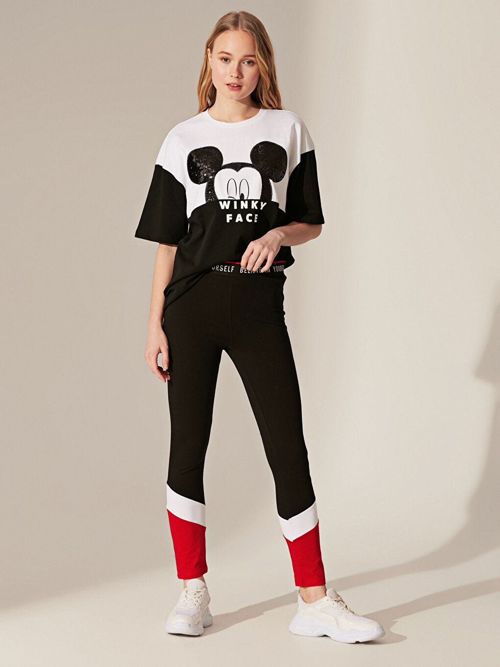 Siyah Renk Bloklu Esnek Tayt Anne Kız Kombini-1