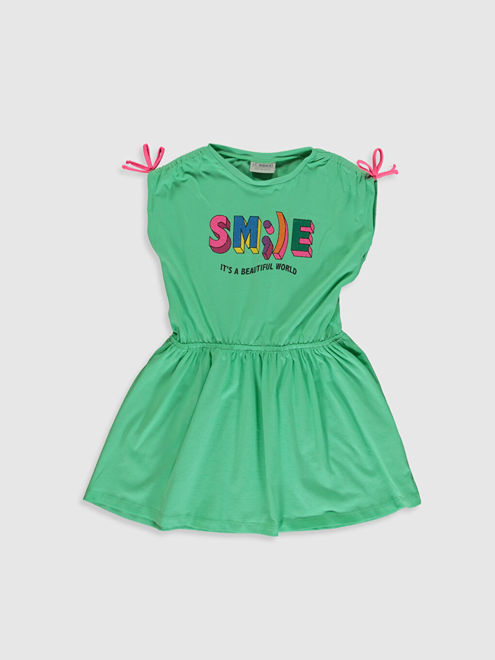 Yeşil Bisiklet Yaka Kısa Kollu Kız Çocuk Elbise