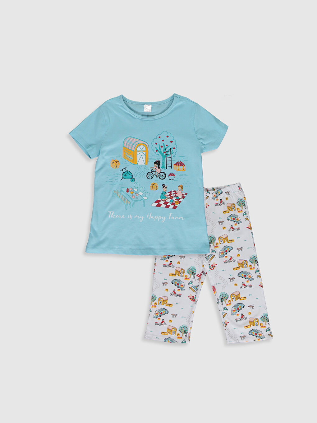 Turkuaz Bisiklet Yaka Kısa Kollu Kız Çocuk Pijama Takım