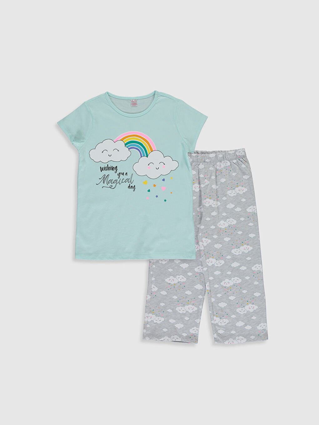 Turkuaz Bisiklet Yaka Kısa Kollu Kız Çocuk Pijama Takım