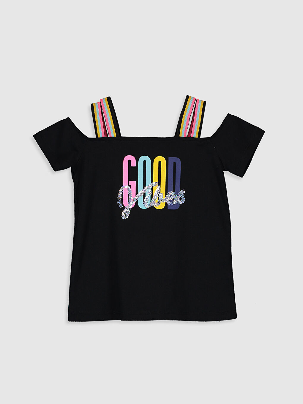 Siyah Bisiklet Yaka Kısa Kollu Kız Çocuk Tişört