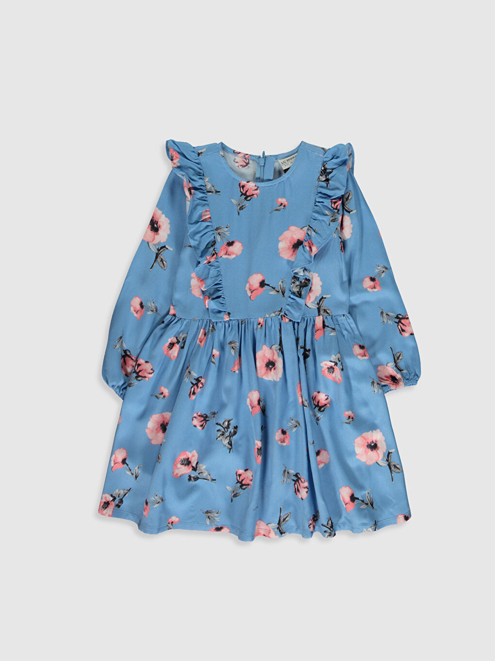 Mavi Bisiklet Yaka Uzun Kollu Kız Çocuk Elbise