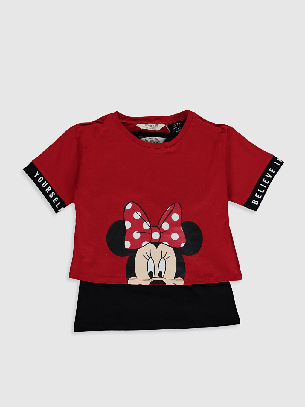 LCW Kids Kırmızı Kız Çocuk Minnie Mouse Pamuklu Tişört ve Atlet Anne Kız Kombini