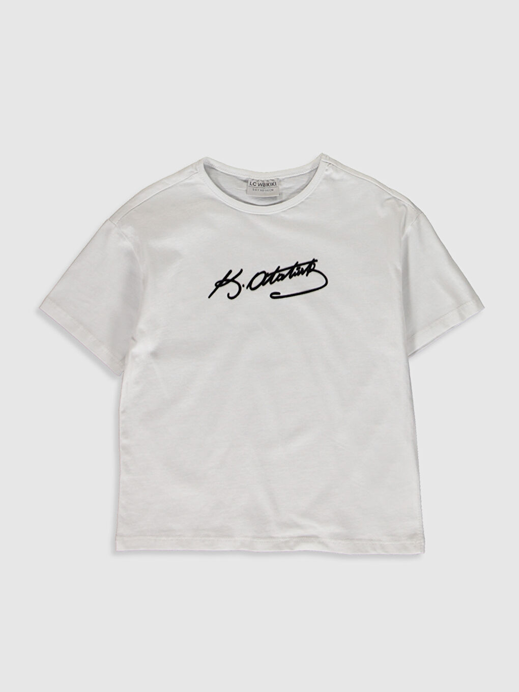 Beyaz Bisiklet Yaka Atatürk İmza Baskılı Kısa Kollu Kız Çocuk Tişört