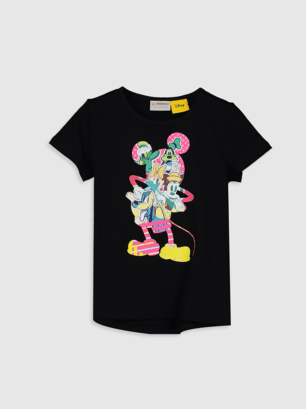 Siyah Bisiklet Yaka Disney Baskılı Kısa Kollu Kız Çocuk Tişört