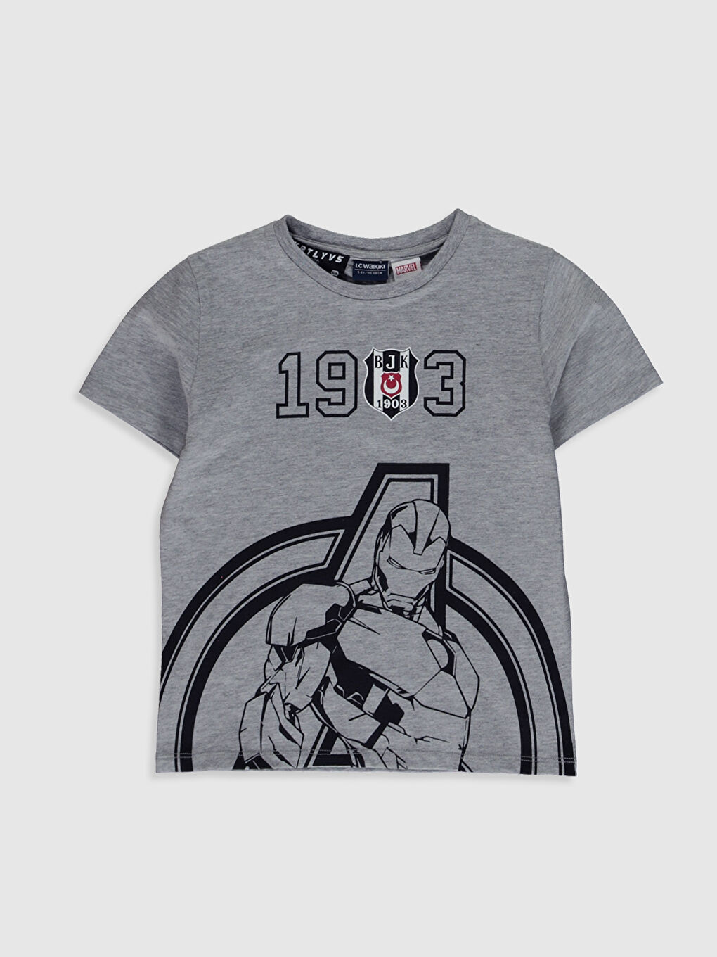 Gri Bisiklet Yaka Beşiktaş Baskılı Kısa Kollu Erkek Çocuk Taraftar Tişört