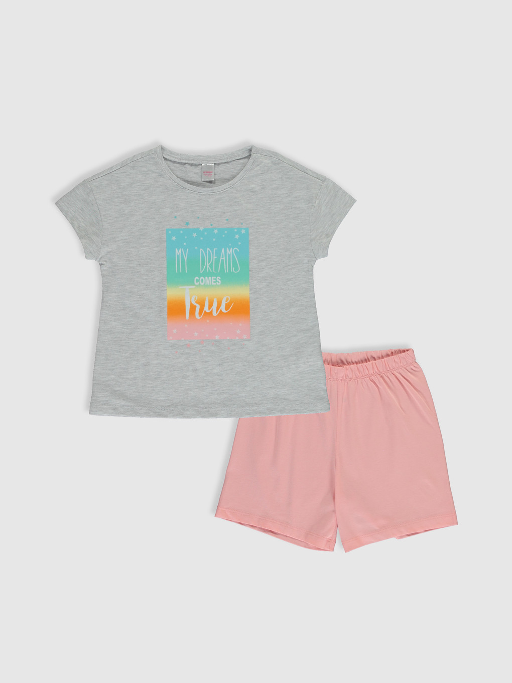 Gri Bisiklet Yaka Kısa Kollu Kız Çocuk Pijama Takım