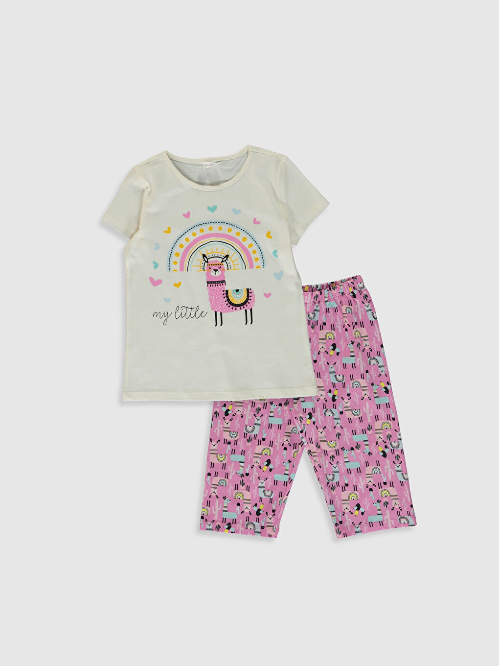 Ekru Bisiklet Yaka Kısa Kollu Kız Çocuk Pijama Takım