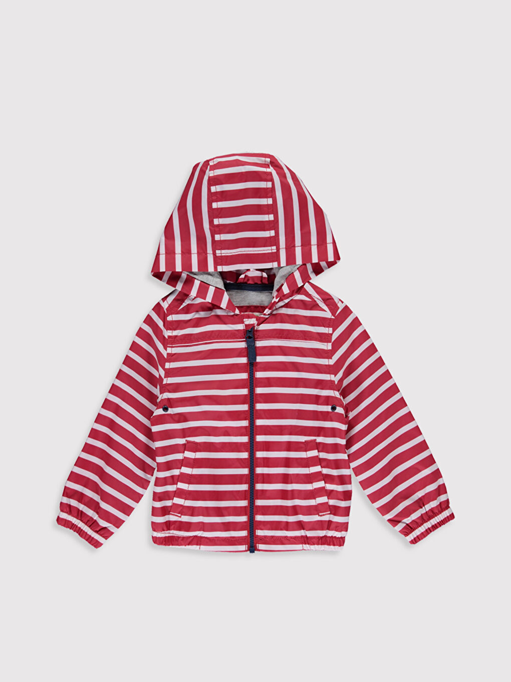Kırmızı Kapüşonlu Uzun Kollu Çizgili Erkek Bebek Fermuarlı Mont