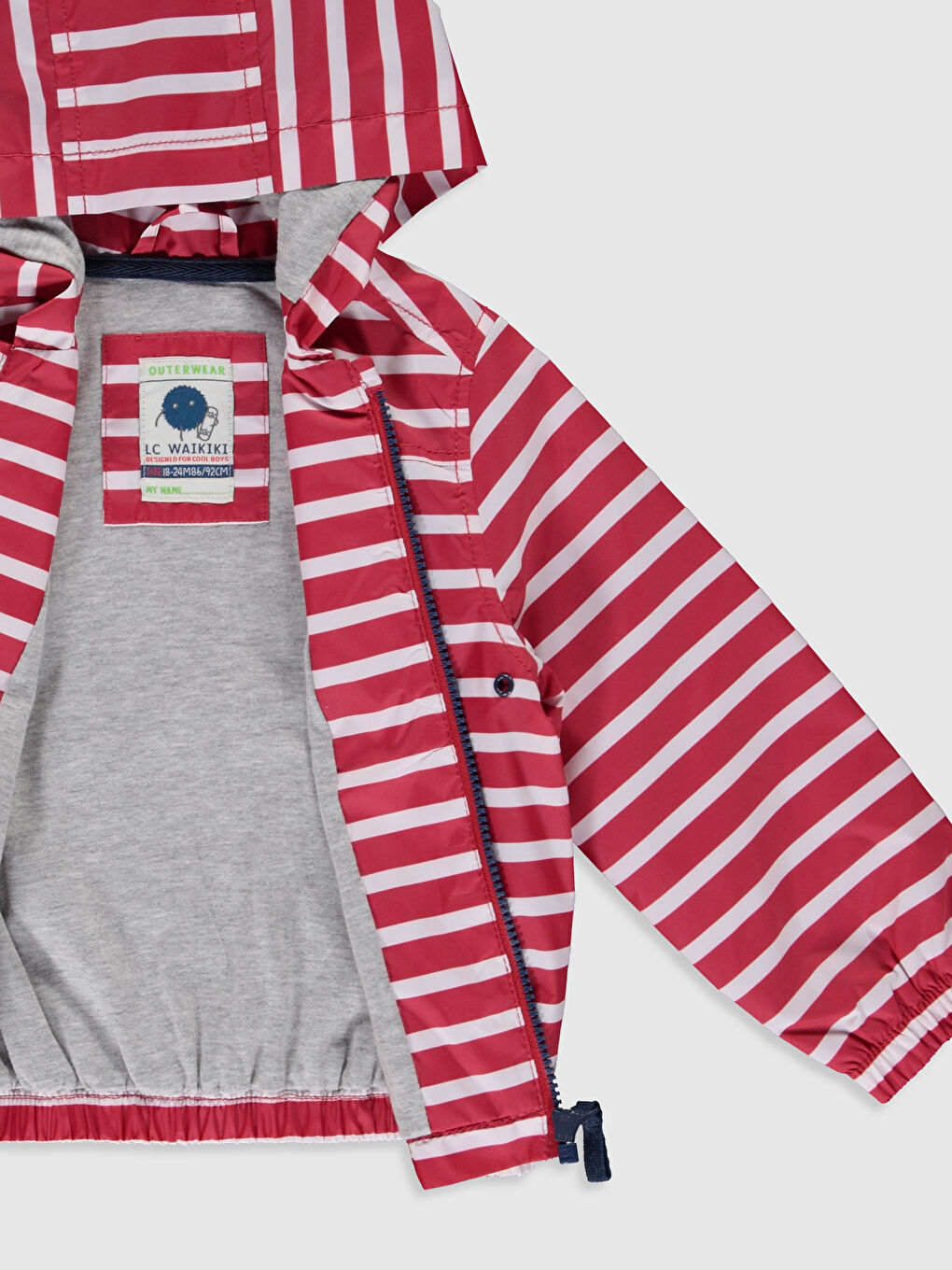 Kırmızı Kapüşonlu Uzun Kollu Çizgili Erkek Bebek Fermuarlı Mont-1