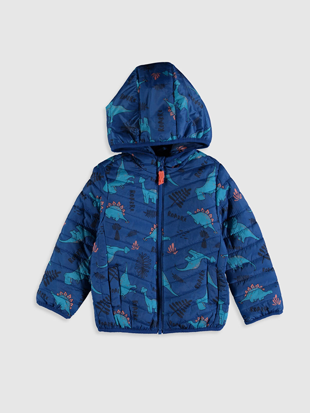 Turkuaz Kapüşonlu Uzun Kol Baskılı Erkek Bebek Fermuarlı Mont