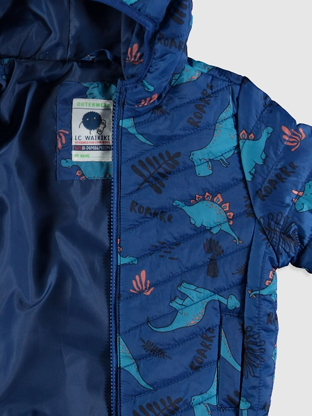 Turkuaz Kapüşonlu Uzun Kol Baskılı Erkek Bebek Fermuarlı Mont-2