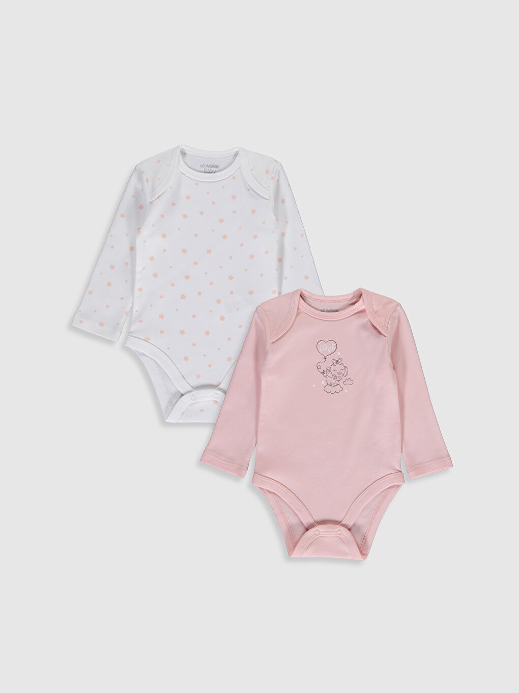 Crew Neck Long Sleeve Cotton Baby Girl Body with Snap Crotch 2-Pack