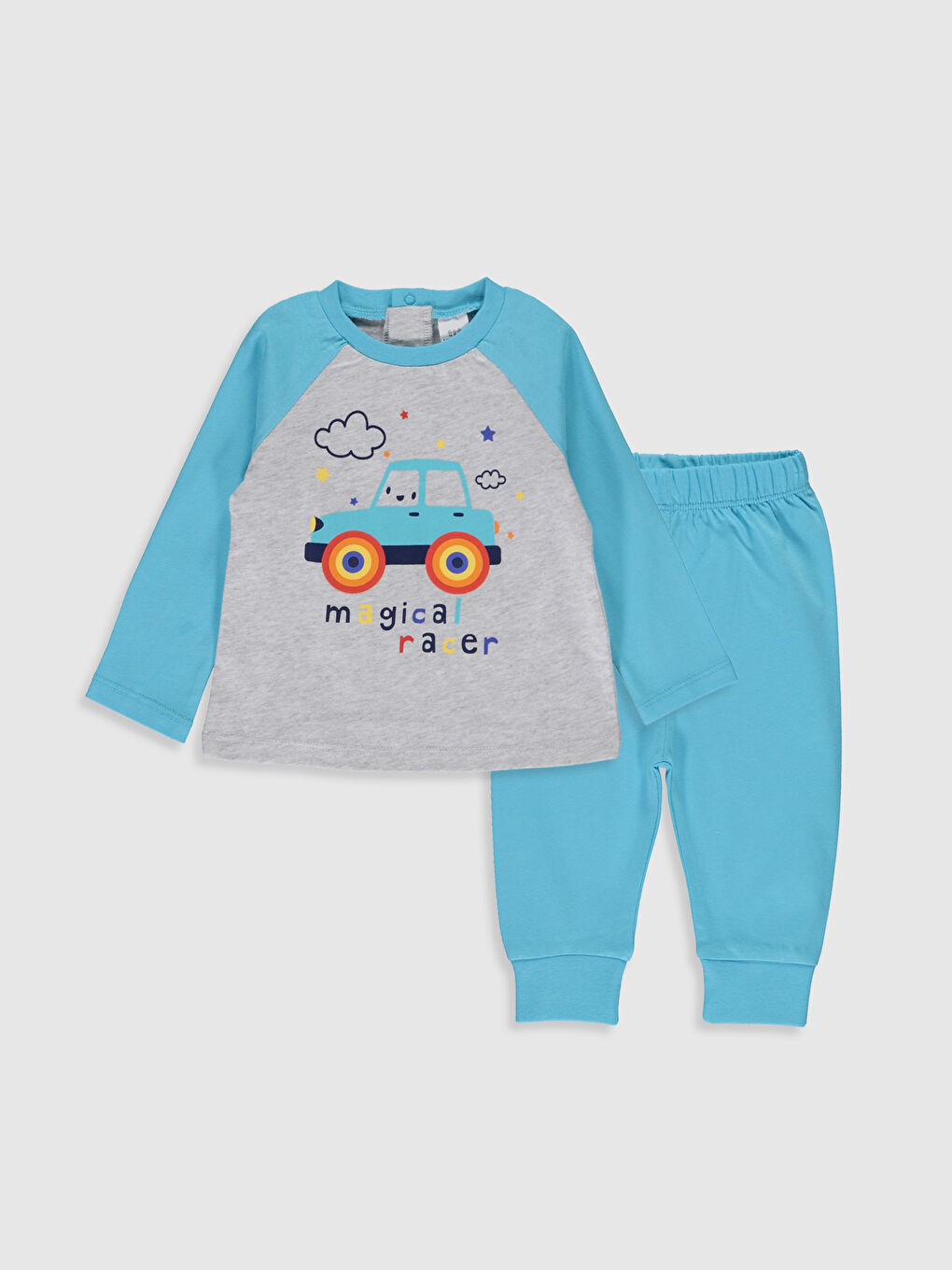 Beyaz Bisiklet Yaka Uzun Kol Baskılı Erkek Bebek Pijama Takımı