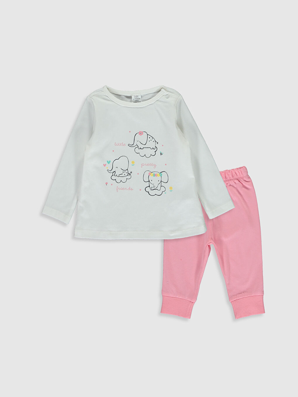 Ekru Bisiklet Yaka Uzun Kol Baskılı Kız Bebek Pijama Takımı