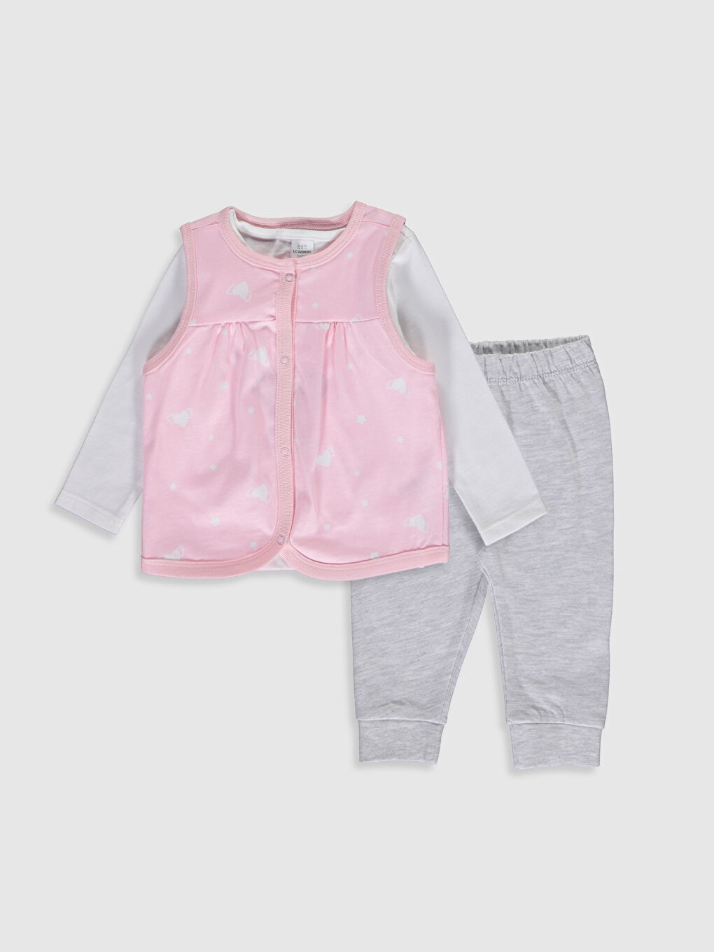 Ekru Bisiklet Yaka Uzun Kol Baskılı Pamuklu Kız Bebek Pijama Takımı 3'lü