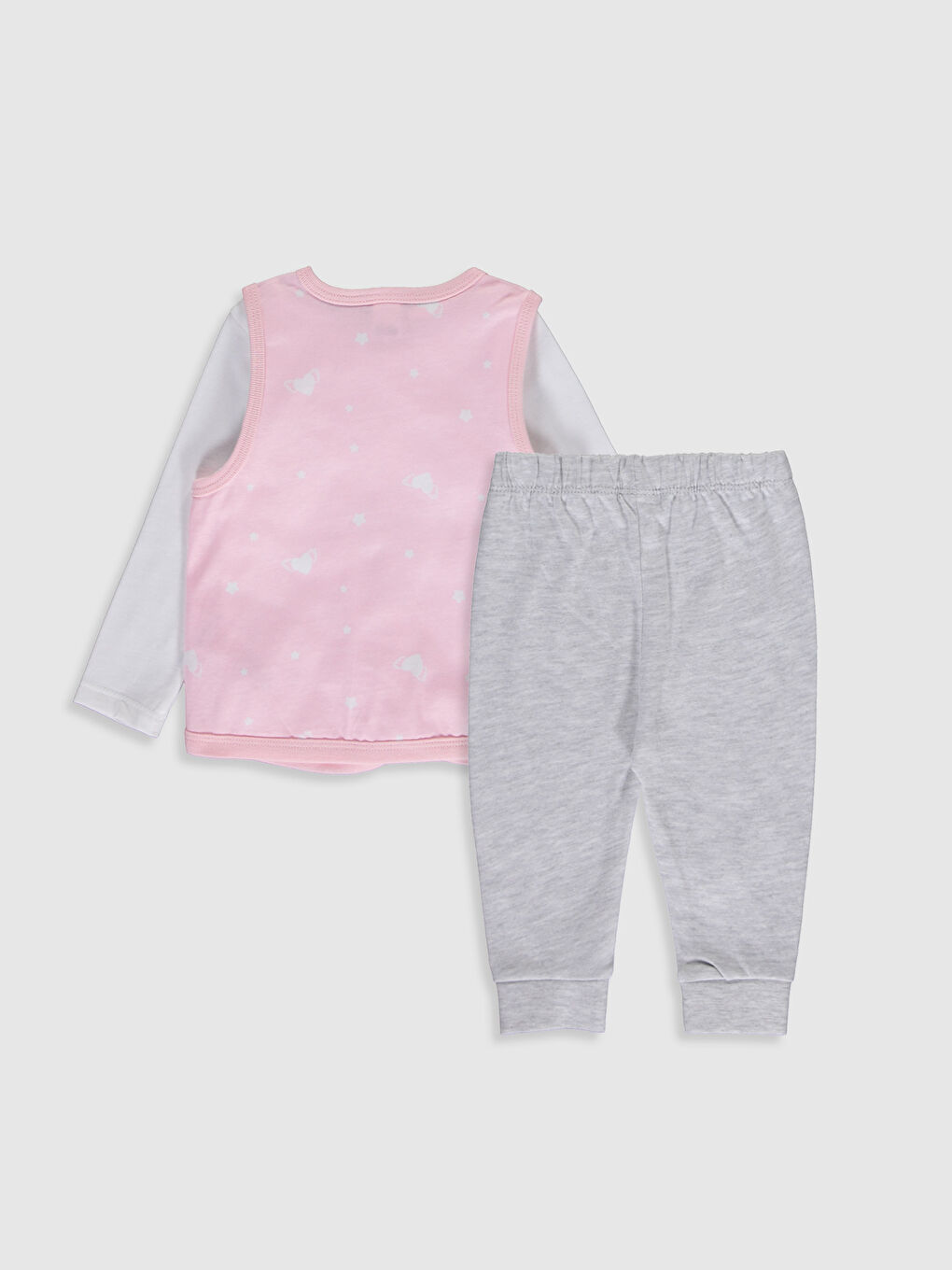 Ekru Bisiklet Yaka Uzun Kol Baskılı Pamuklu Kız Bebek Pijama Takımı 3'lü-1