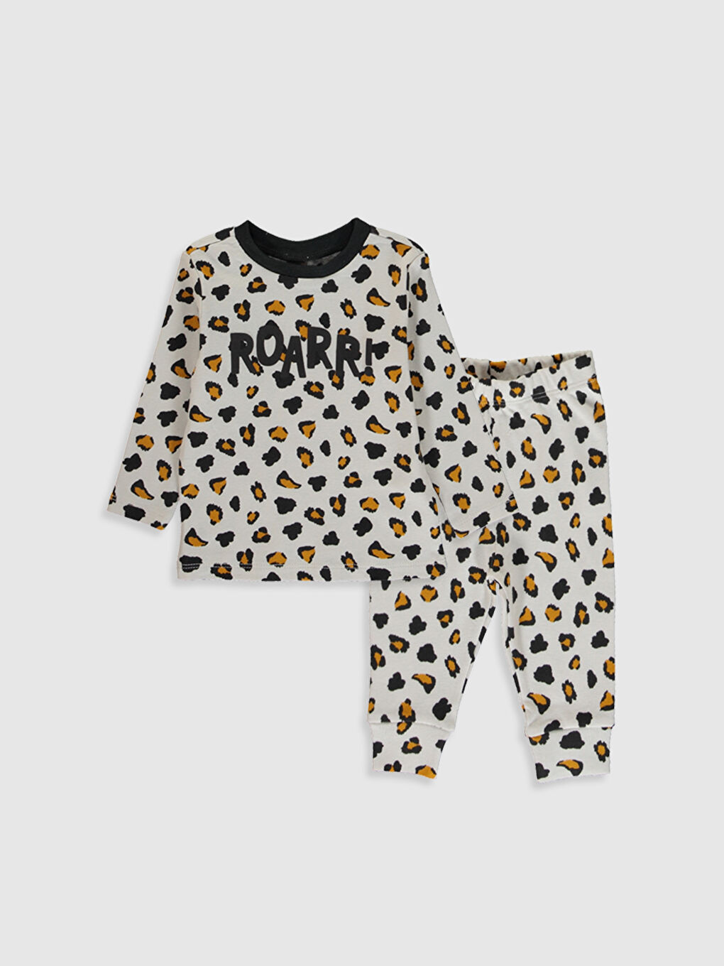 Ekru Bisiklet Yaka Uzun Kol Baskılı Erkek Bebek Pijama Takımı