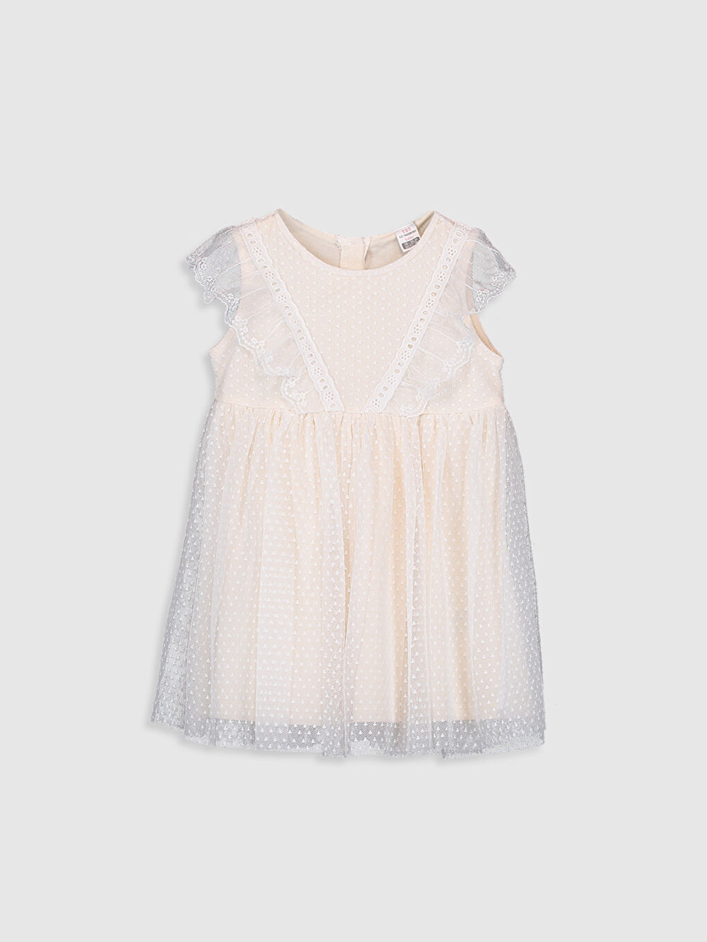 Ekru Bisiklet Yaka Tül Detaylı Kız Bebek Elbise