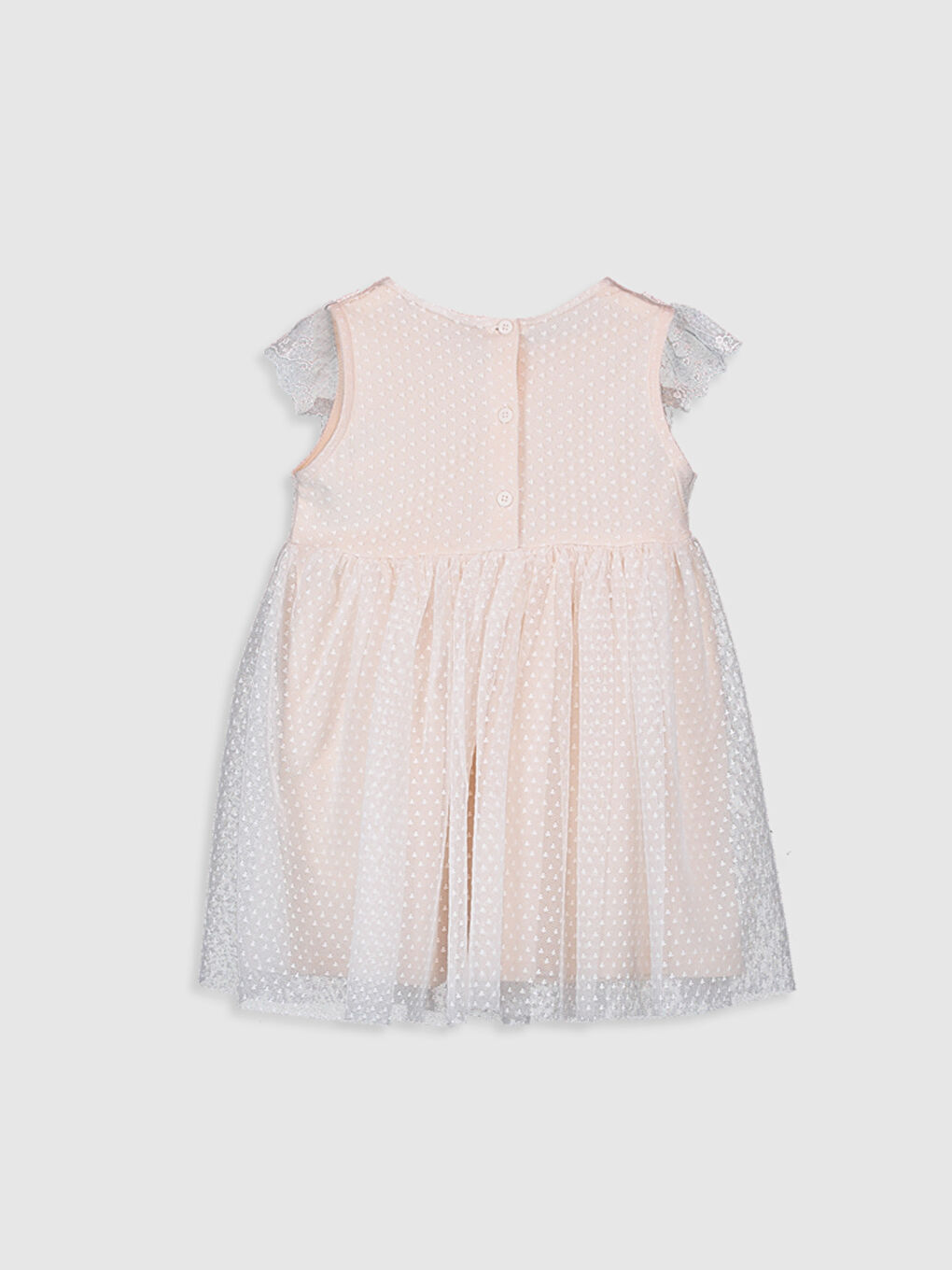 Ekru Bisiklet Yaka Tül Detaylı Kız Bebek Elbise-1