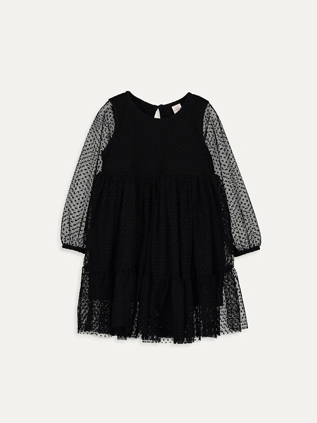 Siyah Bisiklet Yaka Tül Detaylı Kız Bebek Elbise