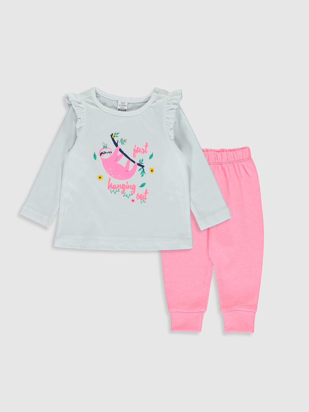 Beyaz Bisiklet Yaka Uzun Kol Baskılı Kız Bebek Pijama Takımı