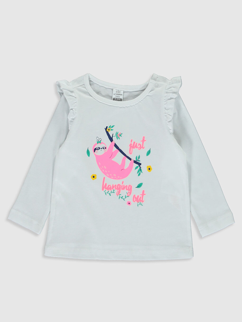 Beyaz Bisiklet Yaka Uzun Kol Baskılı Kız Bebek Pijama Takımı-2