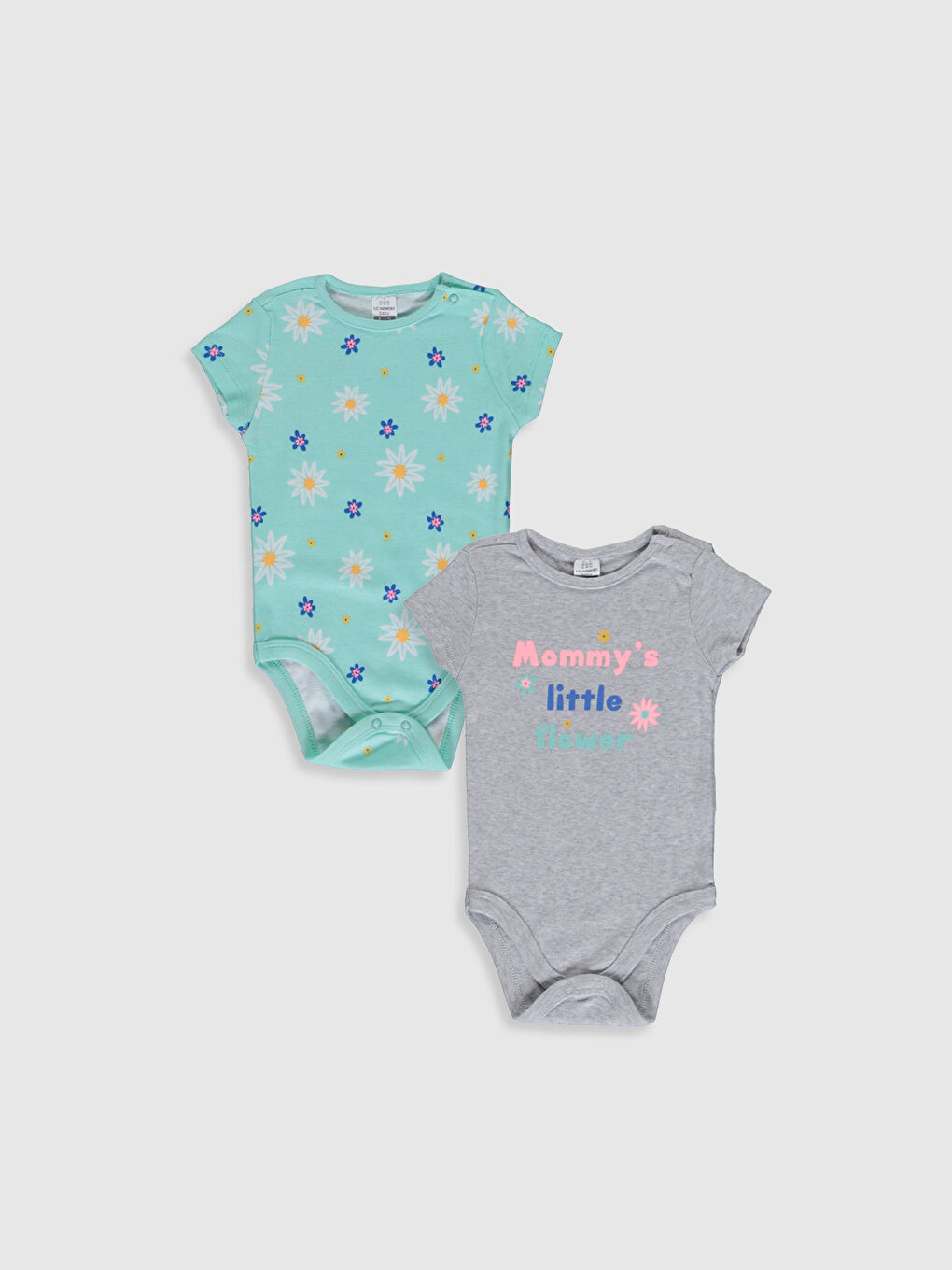 Beyaz Bisiklet Yaka Kısa Kol Baskılı Kız Bebek Çıtçıtlı Body 2'li