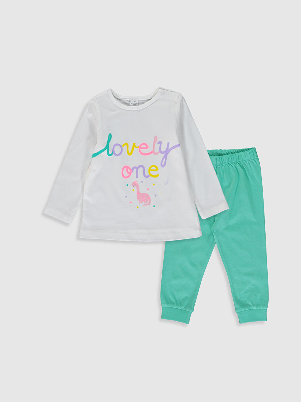 Beyaz Bisiklet Yaka Uzun Kol Baskılı Kız Bebek Pijama Takımı