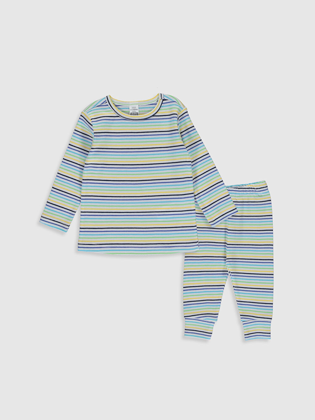 Beyaz Bisiklet Yaka Uzun Kol Çizgili Erkek Bebek Pijama Takımı