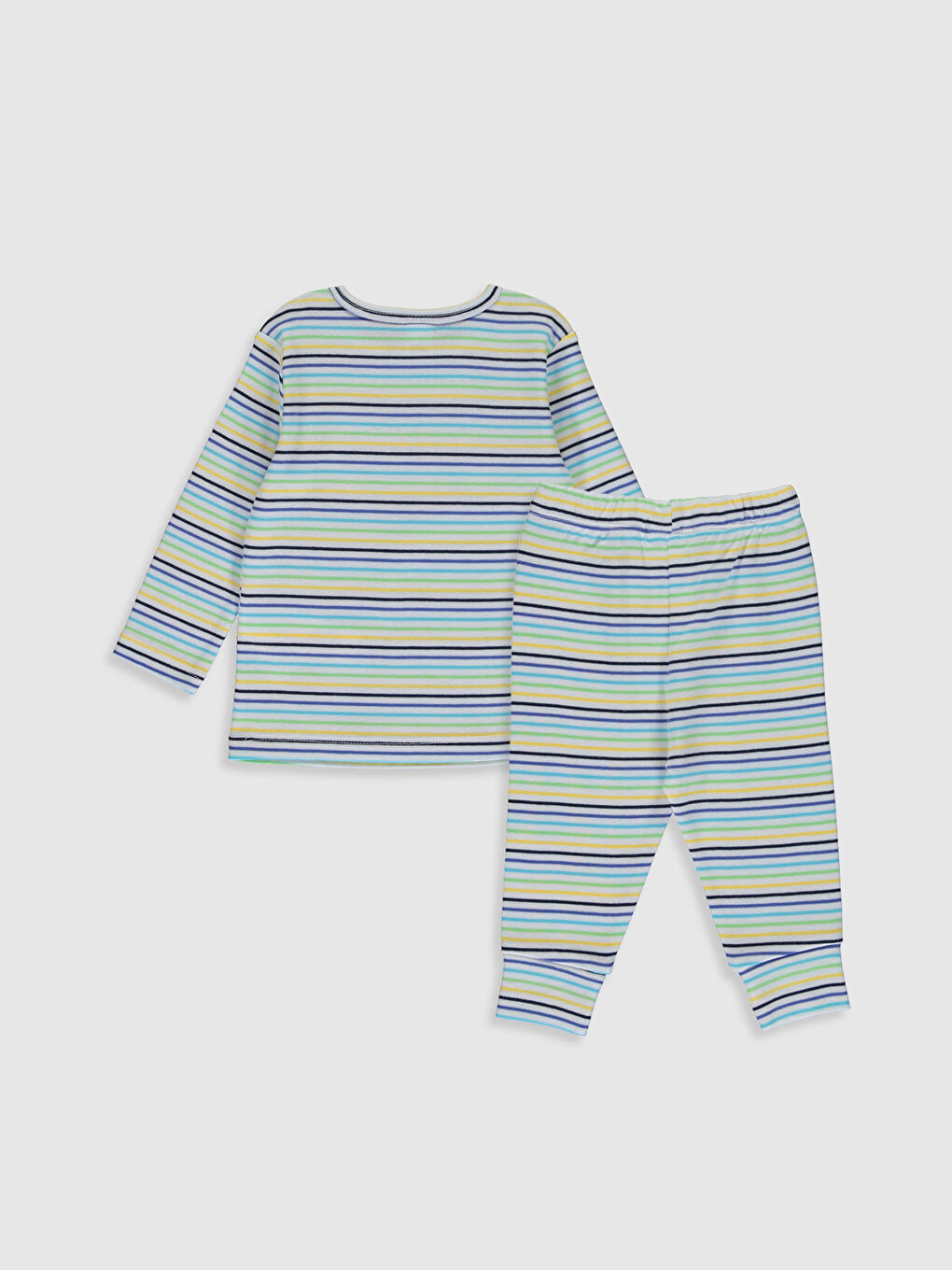 Beyaz Bisiklet Yaka Uzun Kol Çizgili Erkek Bebek Pijama Takımı-1