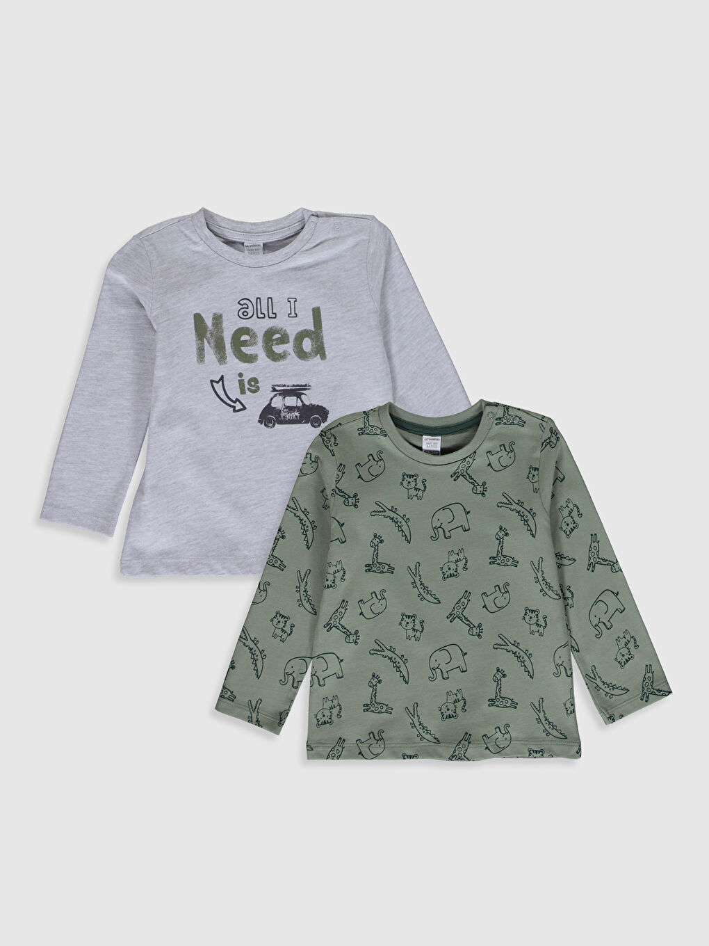 Bej Bisiklet Yaka Uzun Kollu Baskılı Erkek Bebek Tişört 2'li