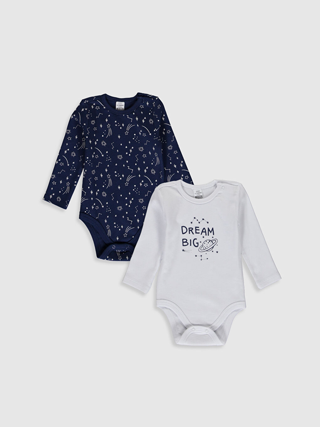 Beyaz Bisiklet Yaka Uzun Kol Baskılı Erkek Bebek Çıtçıtlı Body 2'li