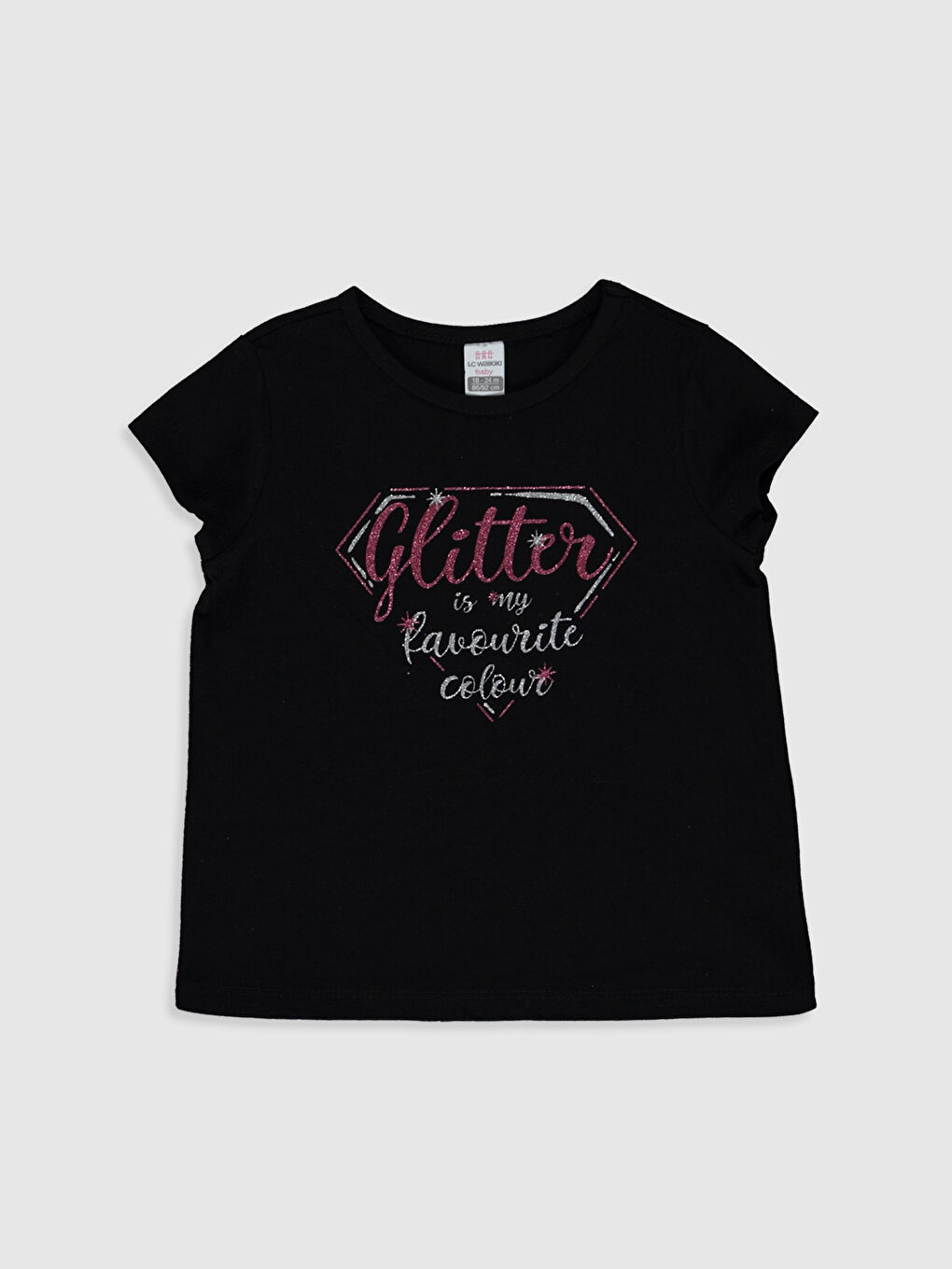 Siyah Bisiklet Yaka Kısa Kol Baskılı Kız Bebek Tişört