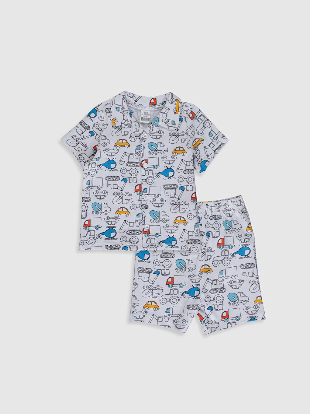 Beyaz Gömlek Yaka Kısa Kol Baskılı Erkek Bebek Pijama Takımı